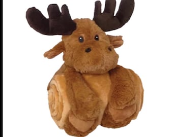Tan Moose Blanket Huggers, Personalized Blanket, Stuffed Animal w/blanket, Custom Embroidery, Custom blanket stuffed animal, Personalized