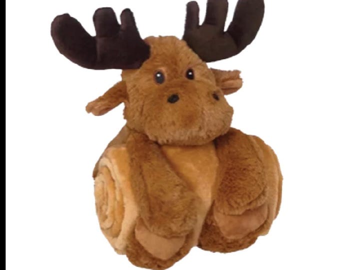 Tan Moose Blanket Huggers, Personalized Blanket, Stuffed Animal w/blanket, Custom Embroidery, Custom blanket stuffed animal, Personalized