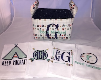 Arrows & Navy Baby Gift Basket - Gift Basket Set - Custom Embroidered Basket - Custom Applique - Arrows and Teepees