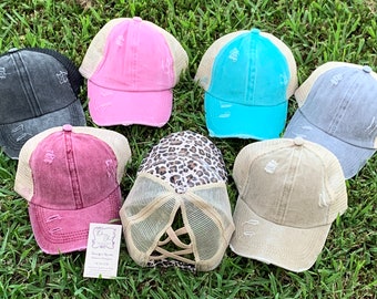 TOPTIE Ponytail Hat | High Bun Washed Cotton Baseball Cap | Distressed Vintage Cap for Women | Women's Crisscross Back Ponytail Baseball Cap