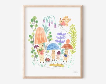 Matte Vertical Print | Mushroom Buddies | Fungi Friends | Two Size Options | Floral Botanical | Nature Lover | Modern Home Decor | Kids Gift