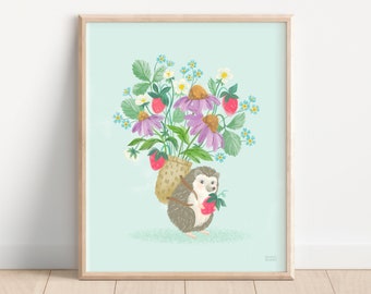 Matte Vertical Print | Strawberry Floral Hedgehog | Two Size Options | Cute Animal Art | Nursery Wall Art | New Baby Gift | Gift for New Mom