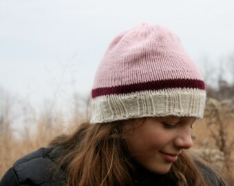 Cashmere/merino multi pink white burgundy stripe hand knit wool hat