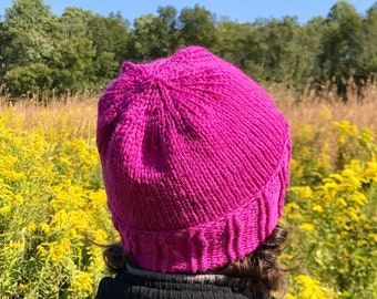 Fuchsia pink hand knit wool hat beanie