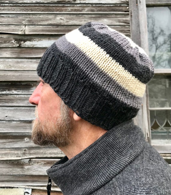 Cashmere/Merino Black/Gray/Ivory Striped Hand Knit Wool Hat Beanie