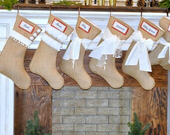 FAMILY BURLAP STOCKINGS, Big Stockings, Christmas Stockings, Cream Lace Stockings, Crunchy Stockings, Custom Stockings, Stocking Names