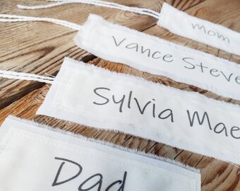 Personalized Cotton Fabric Name Tags, Sewn Hanging Labels for Gifts (1.75" Wide)