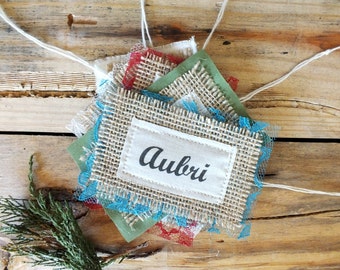 Personalized Burlap Name Tags – Customizable Lace & Cotton Details (4"x2.75")