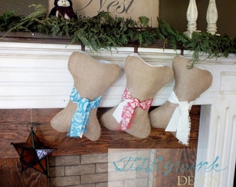 DOG PUPPY STOCKING Burlap Bone Shaped Perfect Pet Christmas Personalized Name Tag Beautiful Natural Burlap - Rustic Counrty -Red Cream Blue