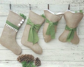 Set of 4 Christmas Burlap Stockings, Regular, Puppy, Kitty, Personalized Names, Hygge Holiday Stockings, Brown Family Stockings, Handmade