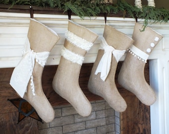 Personalized Burlap Christmas Stockings, Rustic Family Set, Natural Linen Lining, Made in USA