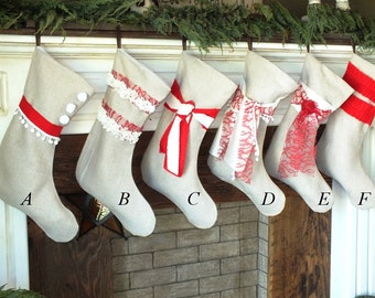 LIINEN CHRISTMAS STOCKINGS Choose your style Red and Tan with Personalized Names - Elegant and Simple - Tan and Ivory- Christmas Morning Fun