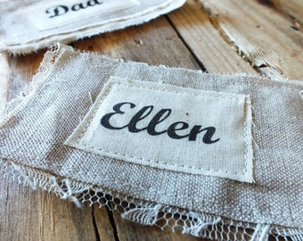 NAME TAGS LINEN Collection Christmas Colors Gift tags Personalized Names - Beautiful colors Fully Customizable Lace and Cotton Ivory Blue