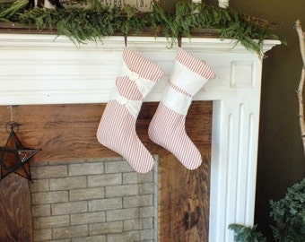 SET of 2 CHRISTMAS STOCKINGS Candycane Colors Personalized Names - Beautiful Ticking Fabric Red stripes Like Candy Canes Mom and Dad Gifts