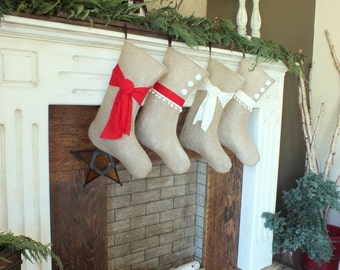 Family Stockings, Mix and Match Stockings, Set of 4 CHRISTMAS BURLAP STOCKINGS, Red Cream Stockings, Custom Name tags, Hygge Holiday Decor