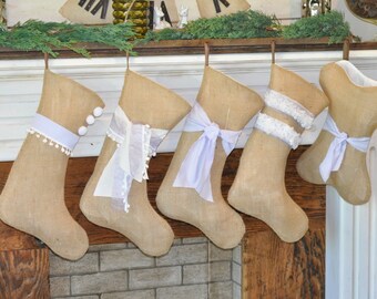 Light Purple BURLAP STOCKINGS Set of 5 Stockings, Burlap Personalized Names, Tags or Felt Lettering, Tiddlywink Design-Custom Available