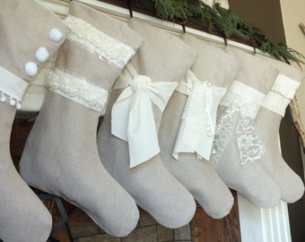 LINEN CHRISTMAS STOCKINGS Personalized Set of 6  Cream and Tan Names - Elegant and Simple Stockings - Keepsake Collection Children's Family