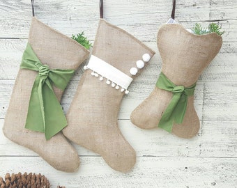 SET OF 3 Christmas Burlap Stockings, Natural jute-Personalized Names Dog, Hygge Tie Stocking,Handmade in Washington State, Puppy Stocking