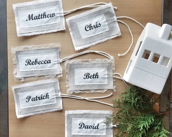 NAME TAGS LINEN Collection Christmas Colors Gift tags Personalized Names - Beautiful colors Fully Customizable Lace and Ivory Cotton