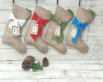 BURLAP STOCKINGS, Christmas Stocking, Pick your colors, Personalized Name tag Stocking,  Modern Stocking, Red stockings, Green Stockings
