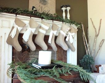 Set of 6 Rustic Burlap Christmas Stockings, Lace Trimmed Family Holiday Decor