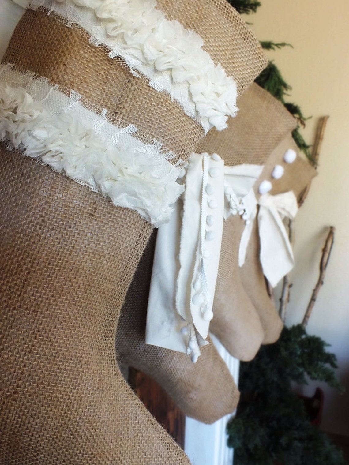 BURLAP STOCKINGS SET of 6 Family Christmas Tradition Shabby - Etsy