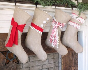 BURLAP STOCKINGS Red Collection Set of 4 Family Christmas - Rustic Western Home- Charming Set Customizable / Personal Name tags