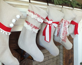 Set of 5 CHRISTMAS LINEN STOCKINGS Family Set wtih Personalized Names - Elegant andSimple - Tan and white and Red 4 regular and One Dog