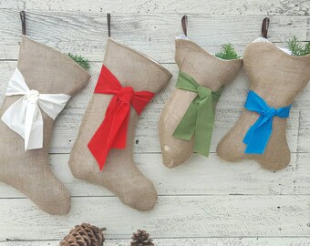 Set of 4 CHRISTMAS BURLAP STOCKINGS Regular, Pup, Kitties-Personalized Names - Beautiful Natural Burlap - Shabby Chic Southern Charm
