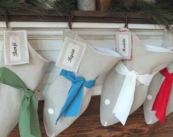 Linen Fish Christmas Stocking, Coastal Pet Xmas Decoration, Hand-sewn Natural Linen Bag
