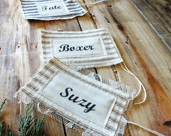 Stocking Name Tags, Hanging name tag, Ticking Christmas Collection, Big printed tags, Personalized Name, Fully Customizable, Fabric Gift tag