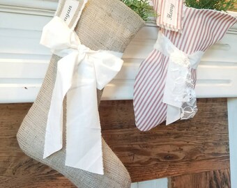 KITTY CHRISTMAS STOCKINGS Fish Shape Candycane Colors Personalized-Beautiful Ticking Fabric Red stripes Like Candy Canes Special Cat Gifts