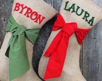 Handmade Burlap Christmas Stocking, Festive Sash, Hygge Style, Personalized Name Tag Incl., Handmade In Washington State