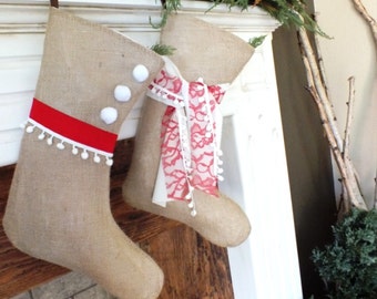 BURLAP CHRISTMAS STOCKINGS Pair of Boot Style Stockings Custom Names Natural Burlap Stockings White and Red Handmade Style Family Stockings