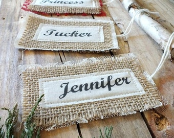 NAME TAGS BURLAP Collection Christmas Colors Personalized Names - Beautiful colors Fully Customizable Lace and Cotton Ivory Blue Red Details