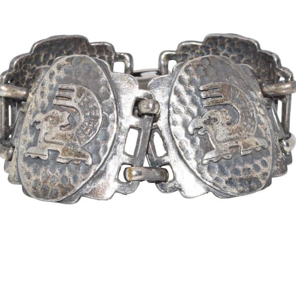 Vintage Coro Silver Aztec Eagle Panel Bracelet, Coro Pegasus Bracelet, Safety Chain
