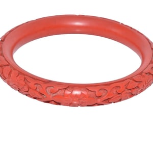 Vintage Chinese Cinnabar Floral Carved Bangle Bracelet, Flower Bangle Bracelet