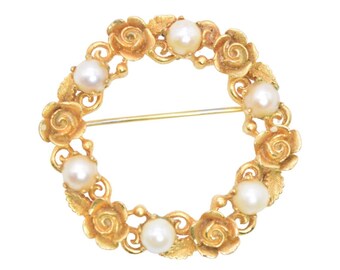 Lisner Pearl and Gold Flower Wreath Brooch, Rose Wreath Brooch Pin