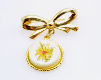 Sunflower Brooch, Dainty Painted Sunflower Dangle Brooch