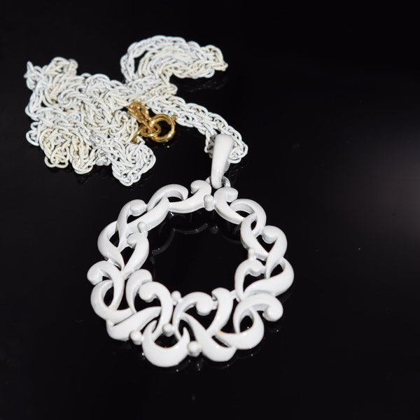 Vintage Trifari Necklace , White Enamel Pendant