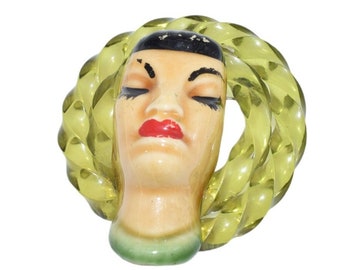 Vintage 1940s ELZAC Victims of Fashion Lady Ceramic Face Lucite Figural People Brooch