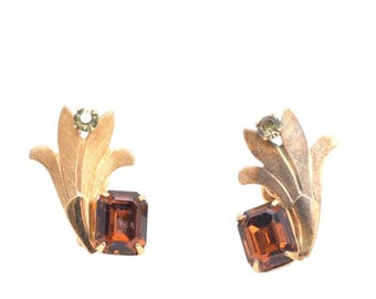 Van Dell Gold Filled Earrings, Vintage 1/20 12K GF Screw Back, Topaz Color Rhinestone, Light Green Accent, Florentine Leaf Scroll, Signed