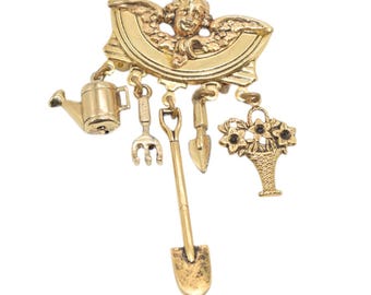 Vintage Cherub Guardian Angel Brooch with Gardening Charms, Gardening Lover Gift
