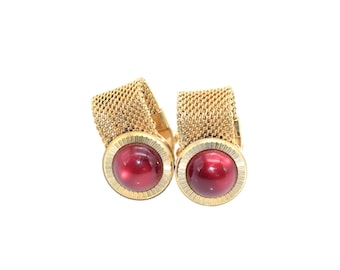 Vintage Gold Tone Mesh Cufflinks | Red Cabochon Mid Century Jewelry