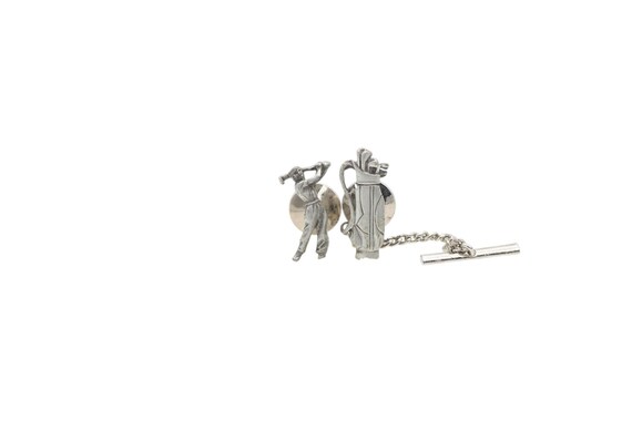Vintage Silver Tone Golfer and Golf Bag Tie Tack Set – Golf Enthusiast Accessory
