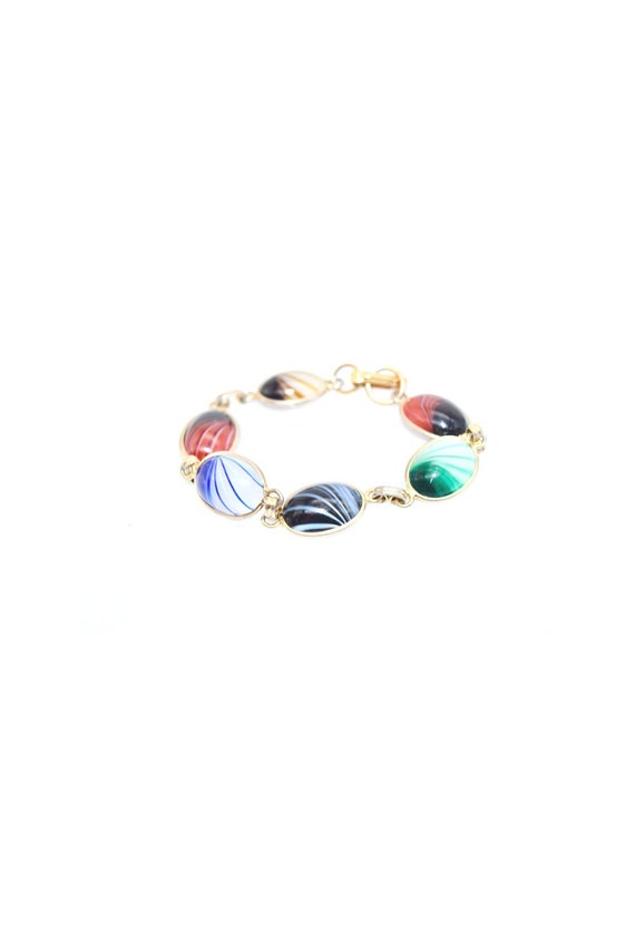 Multi-Color Marbled Glass Link Bracelet, Glass Cab