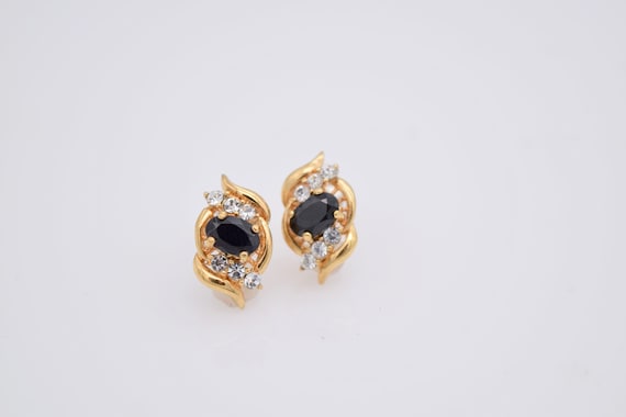 Vintage Gold Stud Earrings, Black Rhinestone Stud… - image 1