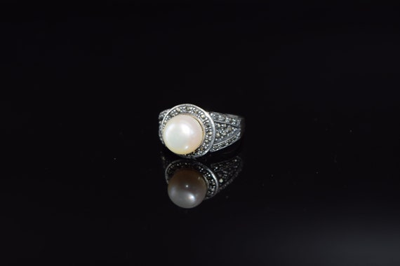 Sterling Silver Pearl and Marcasite Ring Statement Ring Size - Etsy