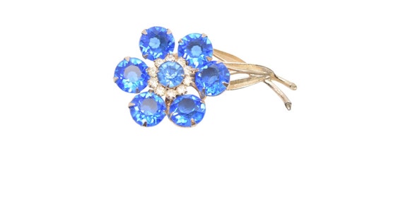 Large Blue Rhinestone Flower Brooch Pin, - image 4