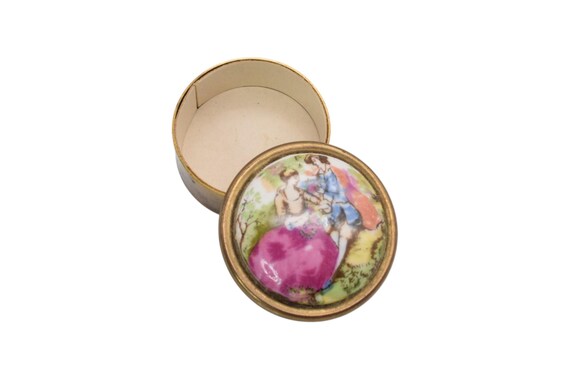 Vintage Victorian Courting Scene Pill Box, Porcelain Lid ,Trinket Box View 2